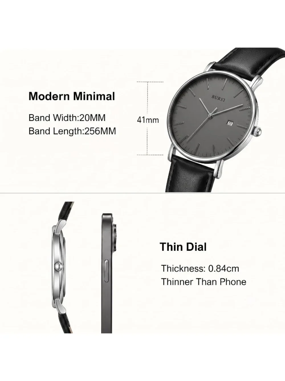 Men's Silver Black Ultra Thin Minimalist Analog Waterproof Classic Wrist Watch